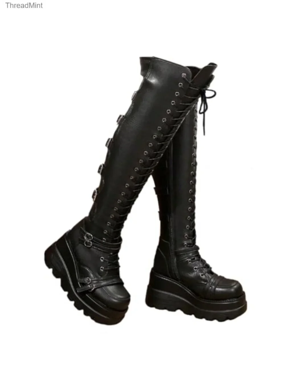 Women's Over Knee Boots Gothic Punk Thigh High Motorcycle Lace Up